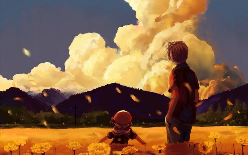Two Children in Field — Yellow, Dramatic, Sunset