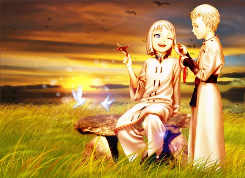 Two Children in Field — Yellow, Serene, Sunset
