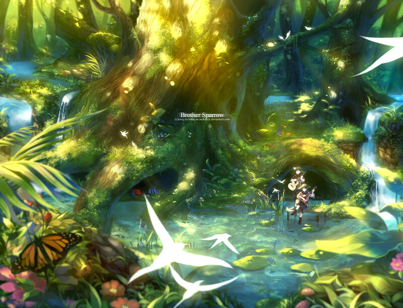 Two Children in Forest — Green