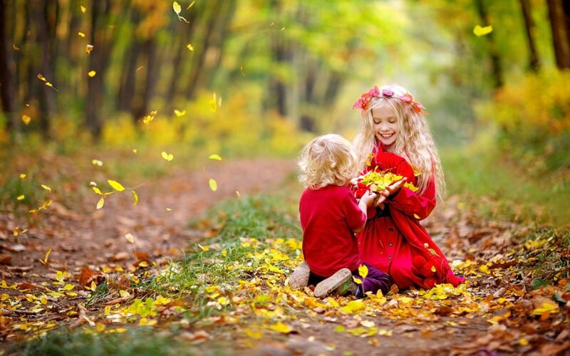 Two Children in Forest — Red