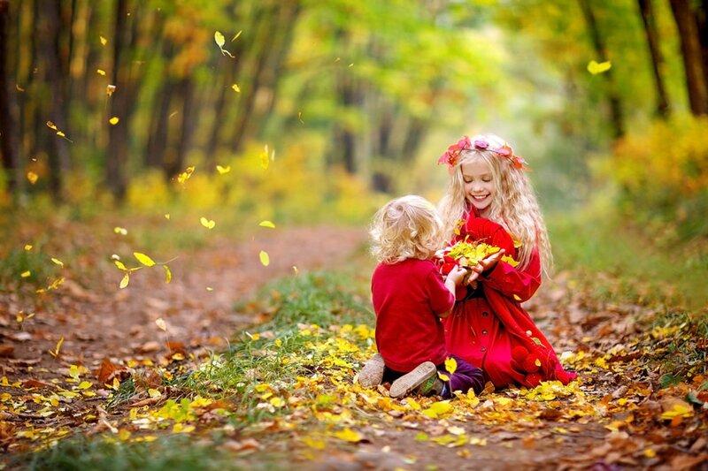 Two Children in Forest — Yellow, Playful