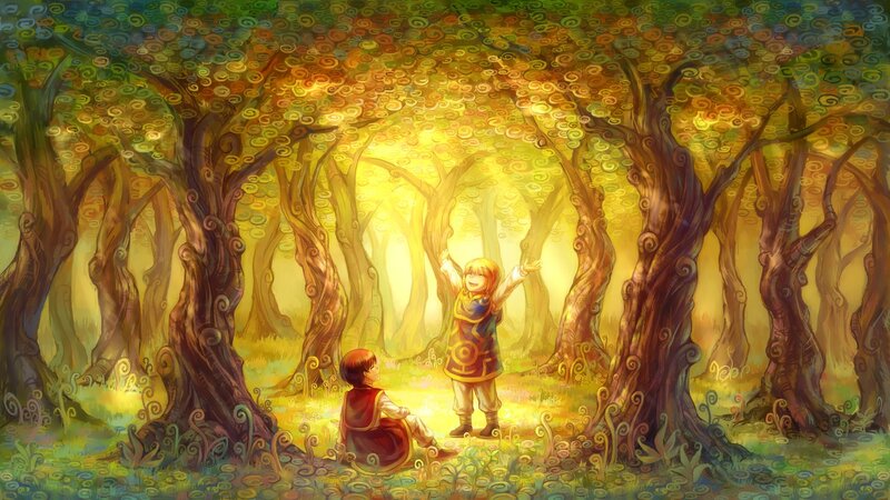 Two Children in Forest — Yellow, Serene, Afternoon, Digital Art