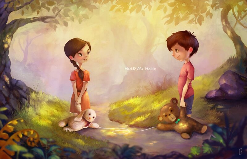 Two Children in Forest — Yellow, Serene, Afternoon