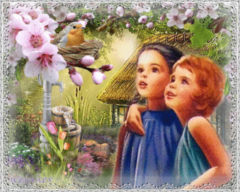Two Children in Garden — Blue