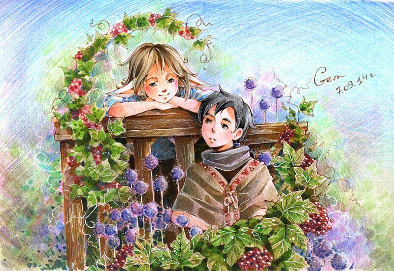 Two Children in Garden — Green, Serene, Spring, Digital Art