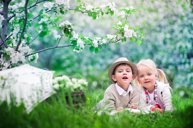 Two Children in Garden — Green, Serene, Spring