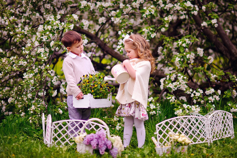 Two Children in Garden — Green, Serene