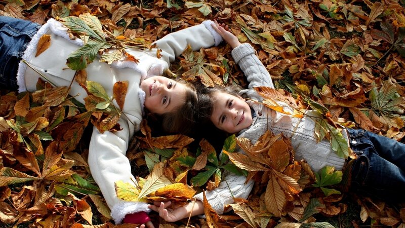 Two Children in Leaves — Brown, Playful