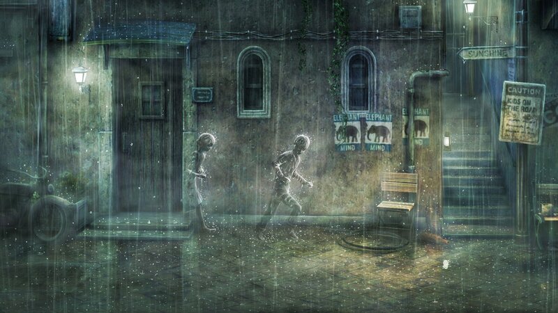 Two Children in Rain — Green, Dreary