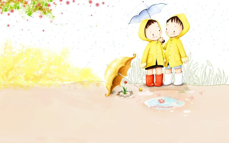 Two Children in Raincoats — Yellow