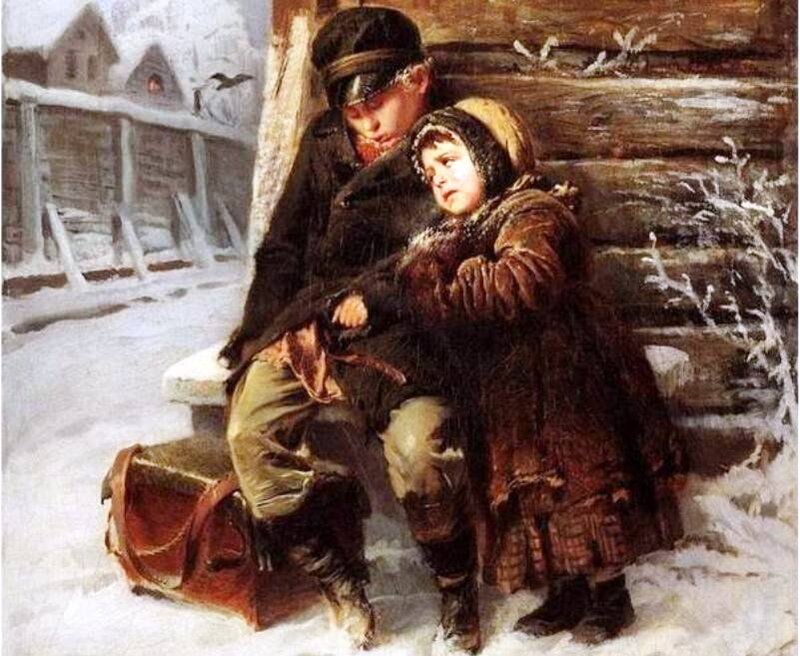 Two Children in Snow — Brown