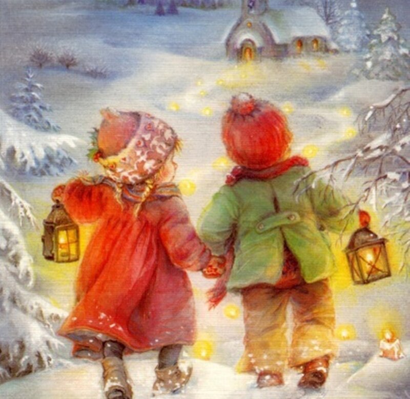 Two Children in Snow — Red