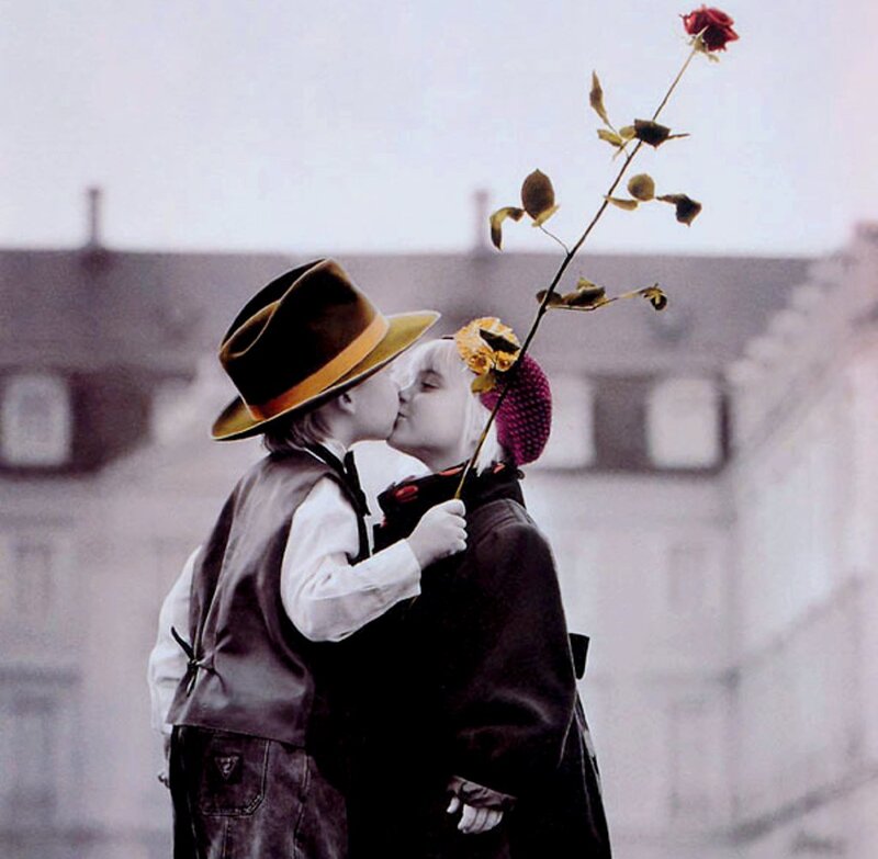 Two Children Kissing — Black, Romantic, Photograph