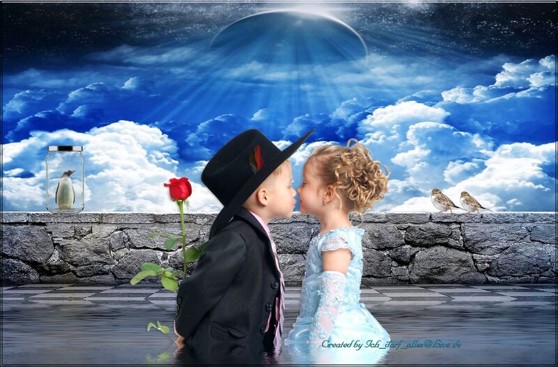Two Children Kissing — Blue, Dreamy