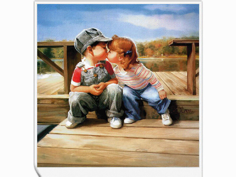 Two Children Kissing — Blue, Peaceful, Afternoon, Painting, Wooden Dock