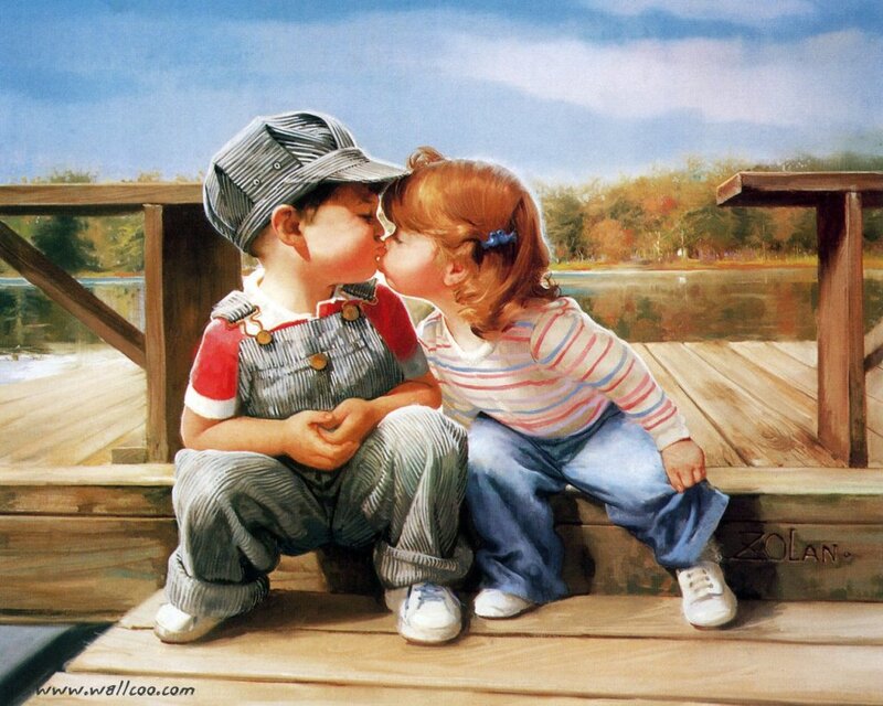 Two Children Kissing — Blue, Peaceful