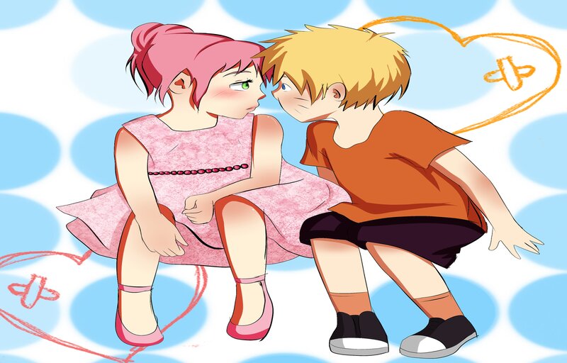 Two Children Kissing — Blue, Playful, Anime