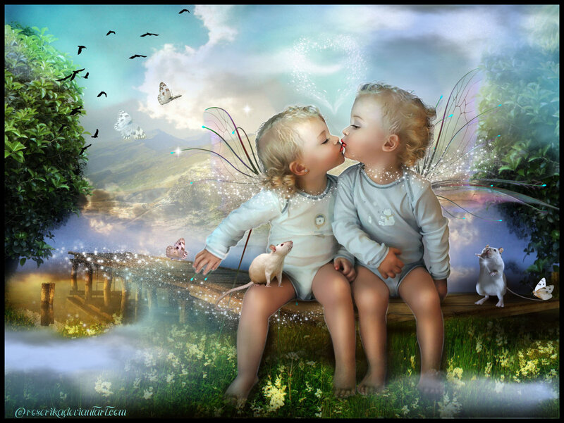 Two Children Kissing — Green, Serene, Afternoon, Digital Art