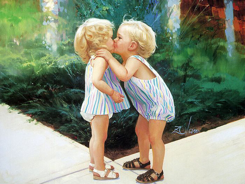 Two Children Kissing — Green, Serene, Afternoon, Painting