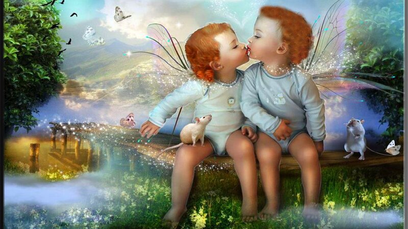 Two Children Kissing — Green, Serene, Afternoon