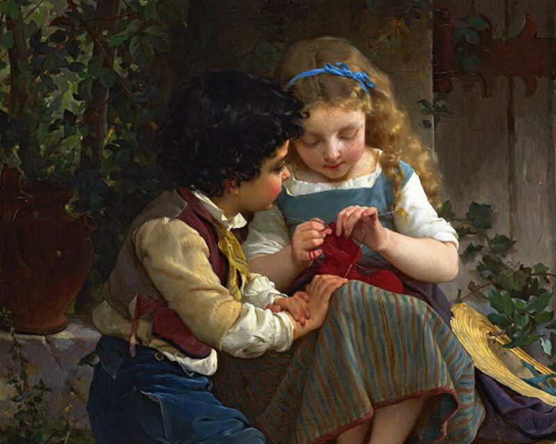 Two Children Knitting
