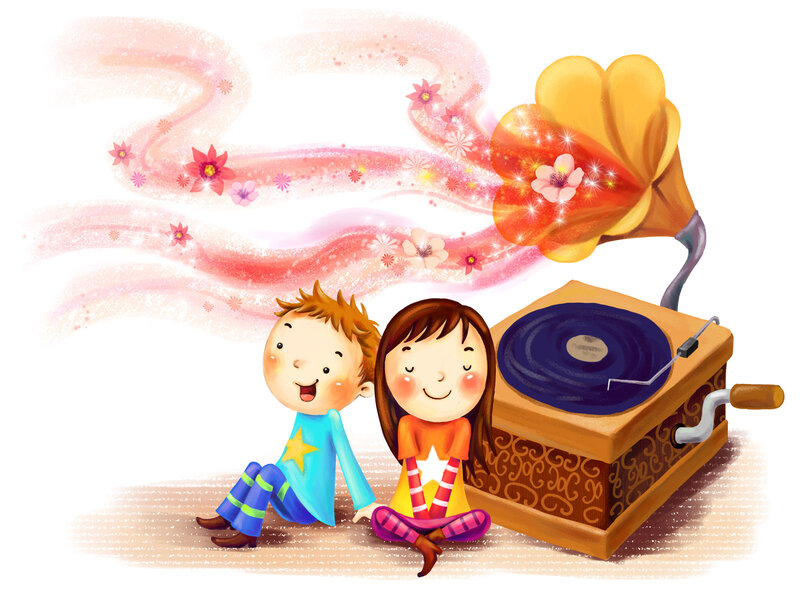 Two Children Listening to Music — Brown