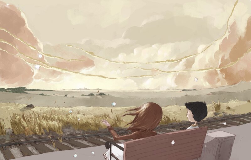 Two Children on a Bench — Beige