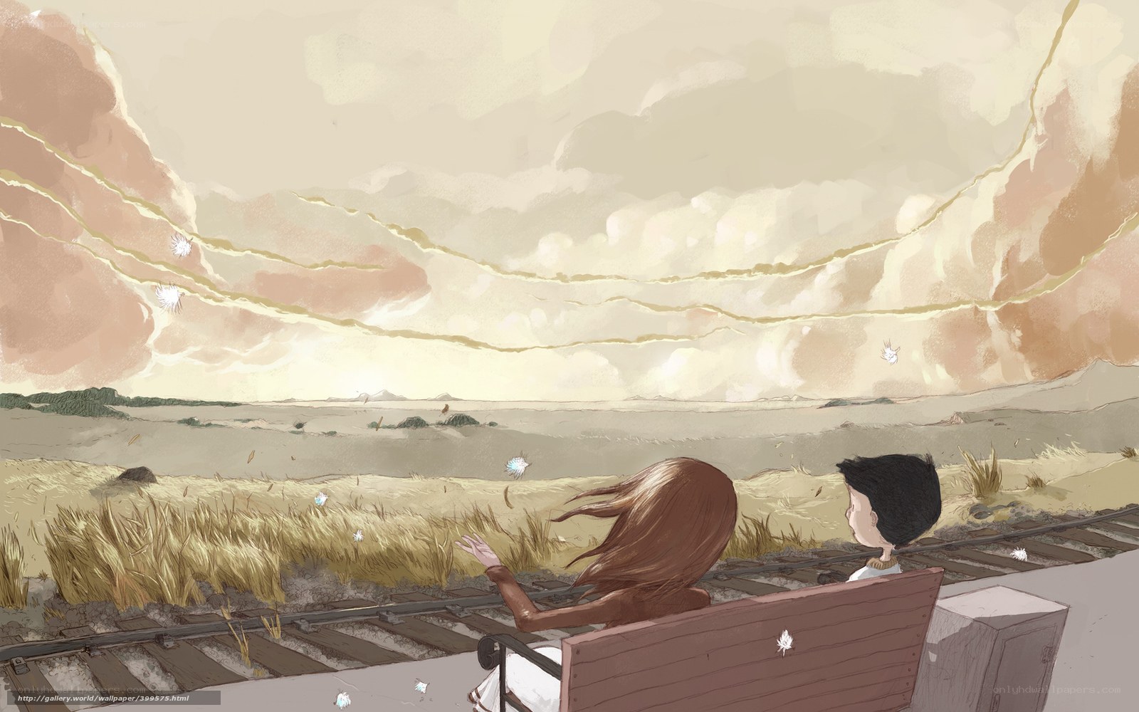 Two children on a bench by the tracks