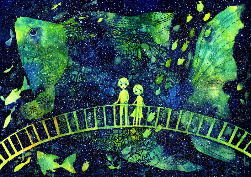Two Children on a Bridge — Green, Dreamy