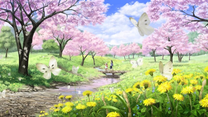 Two Children on a Bridge — Pink, Serene, Spring, Anime, Butterflies