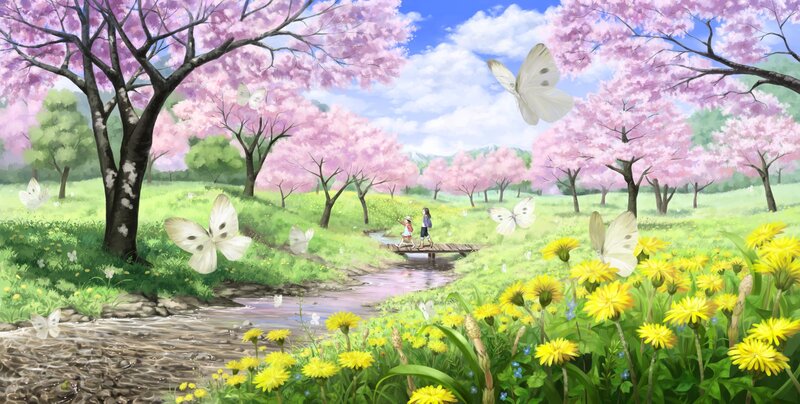 Two Children on a Bridge — Pink, Serene, Spring, Anime