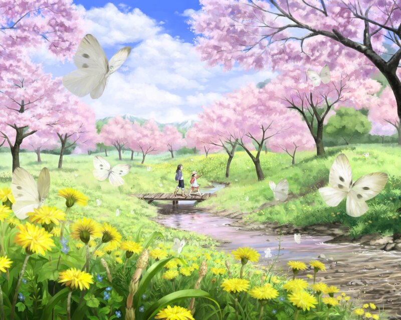 Two Children on a Bridge — Pink, Serene, Spring, Digital Art