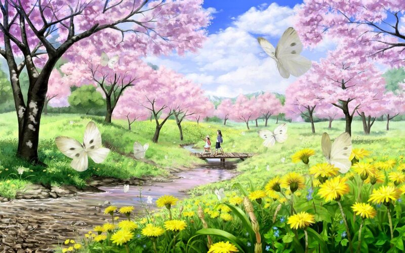 Two Children on a Bridge — Pink, Serene, Spring