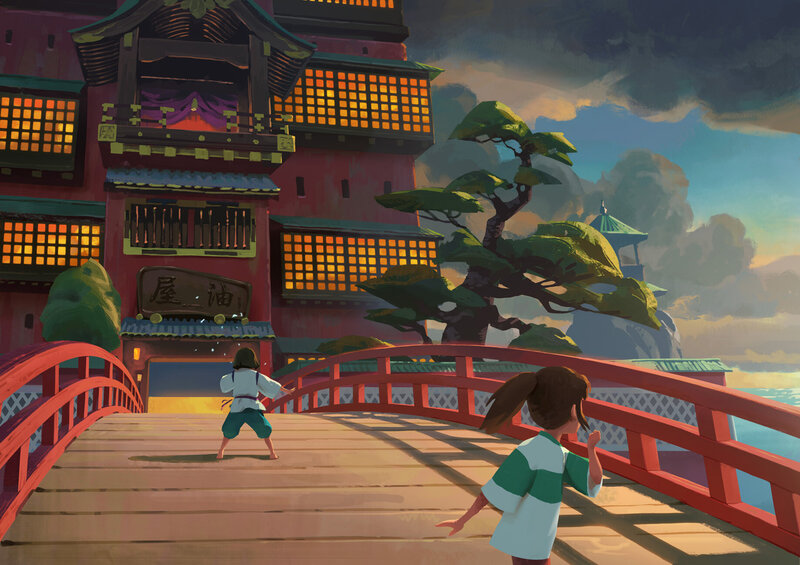 Two Children on a Bridge — Red