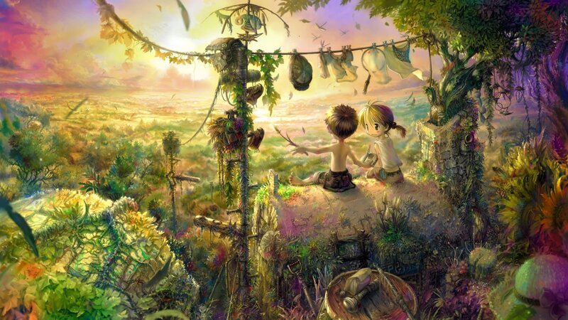 Two Children on a Hill — Green, Serene, Sunset