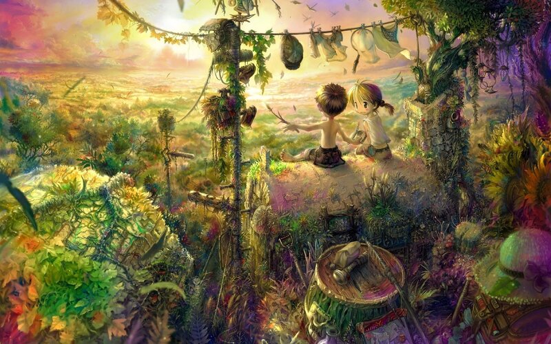 Two Children on a Hill — Green, Serene