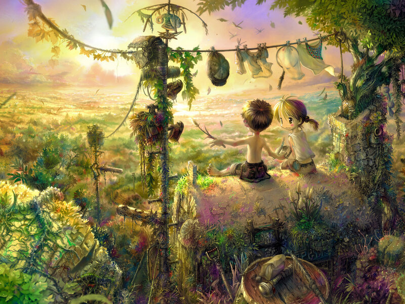 Two Children on a Hill — Green