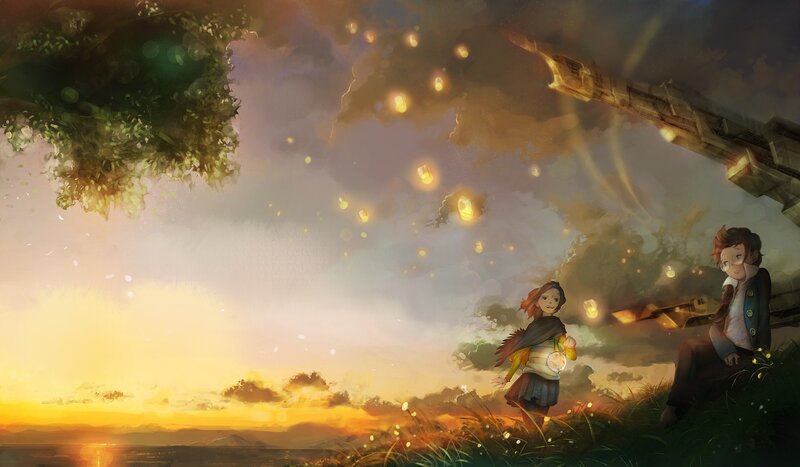 Two Children on a Hill — Yellow, Serene