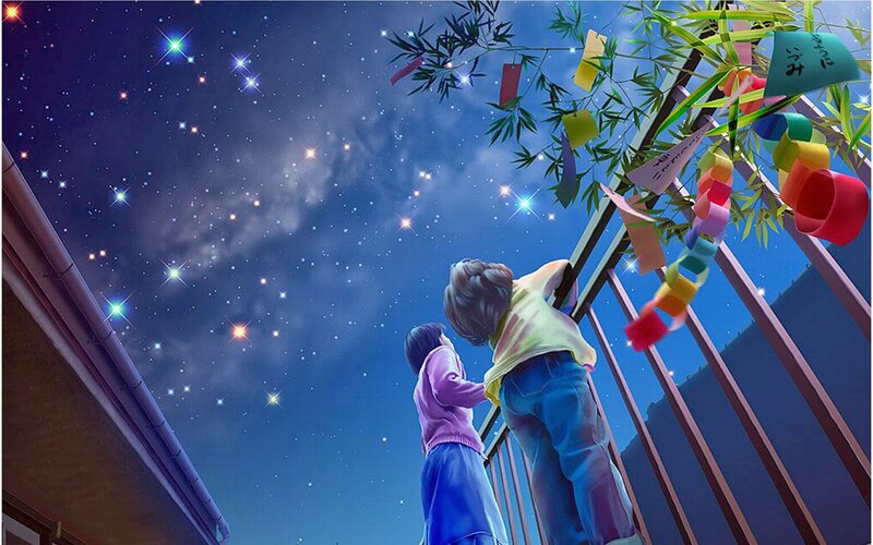 Two Children on Balcony — Blue, Serene, Night, Digital Art