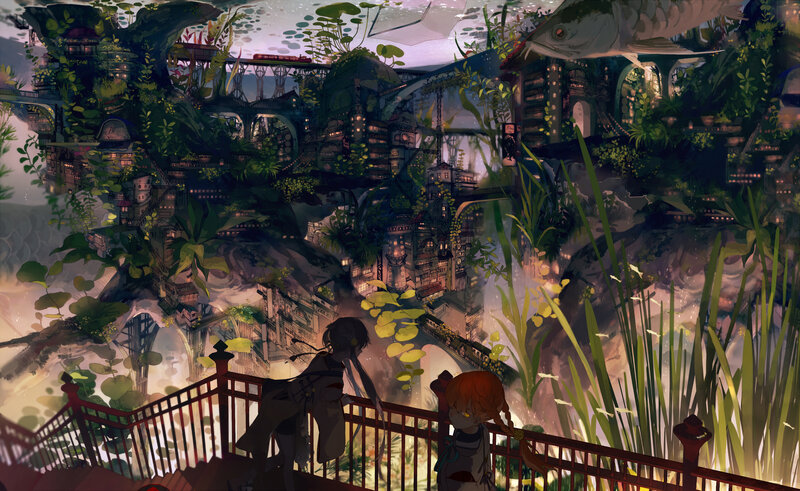 Two Children on Balcony — Green