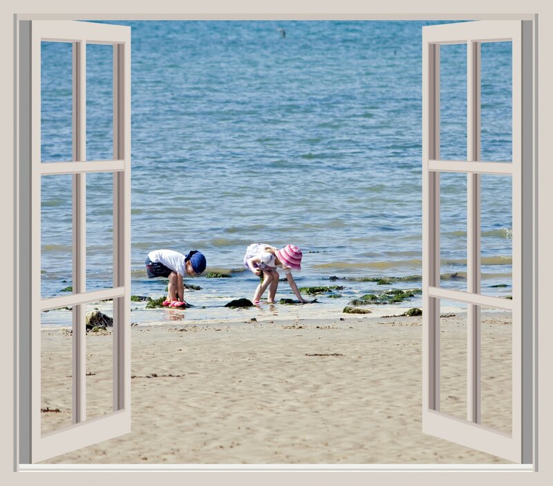 Two Children on Beach — Blue, Calm, Afternoon, Photograph