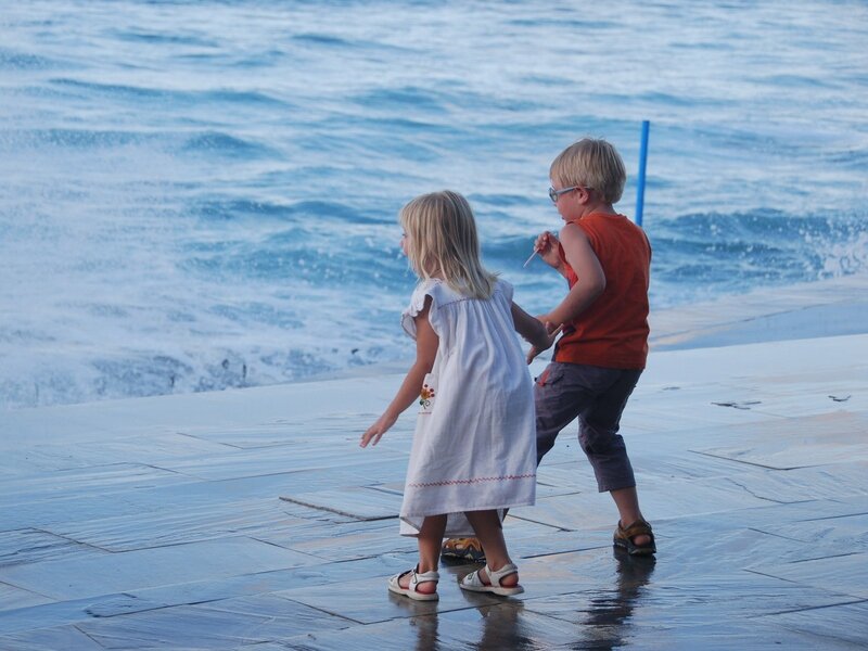 Two Children on Beach — Blue, Calm