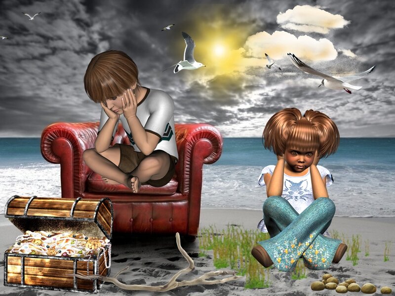 Two Children on Beach — Gray, Dramatic