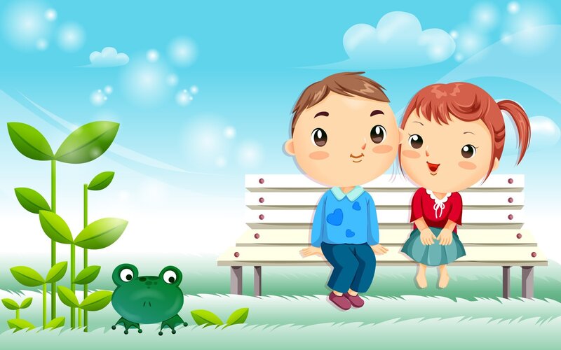 Two Children on Bench — Blue