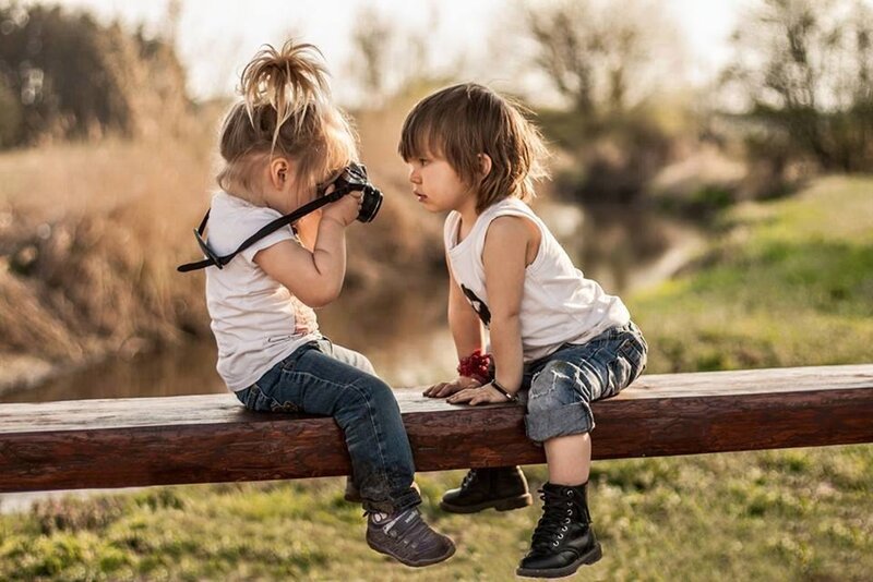 Two Children on Bench — Brown, Calm