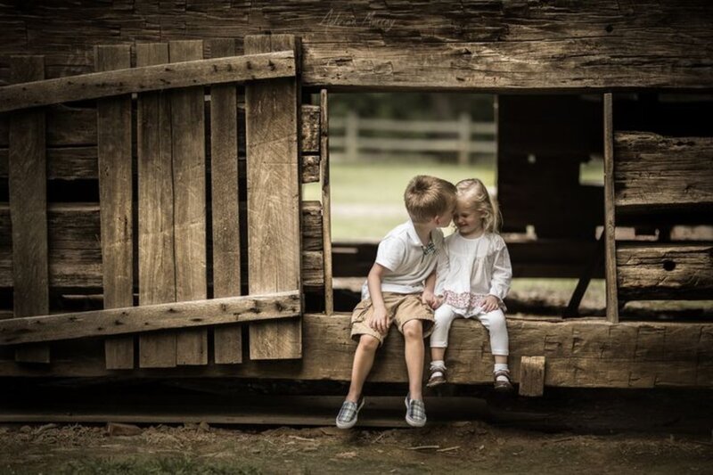 Two Children on Bench — Brown