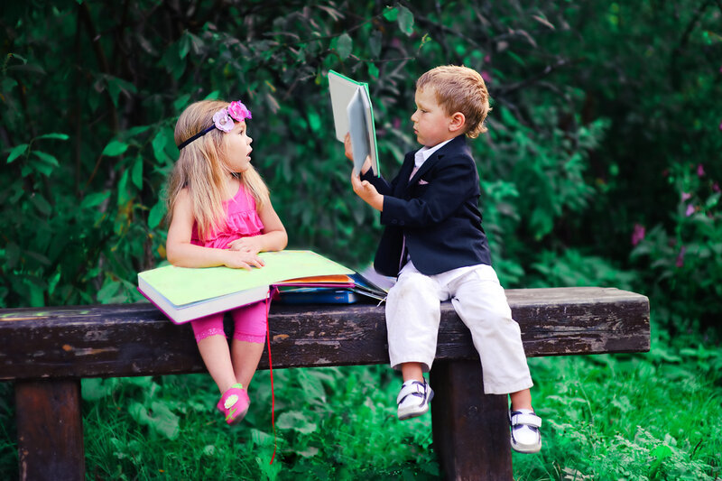 Two Children on Bench — Green, Calm, Afternoon