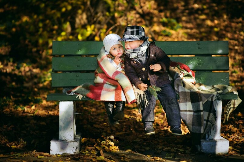 Two Children on Bench — Green, Calm