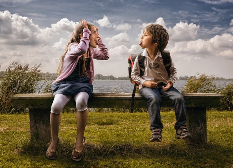 Two Children on Bench — Green, Dramatic