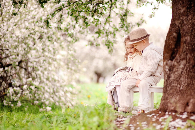 Two Children on Bench — Green, Serene